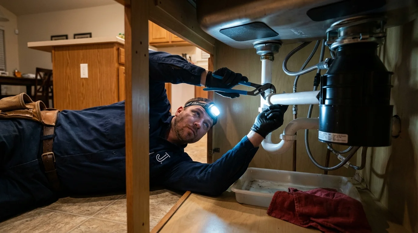 P-trap and supply line connections under a kitchen sink showing a common leak point in Park Ridge, IL